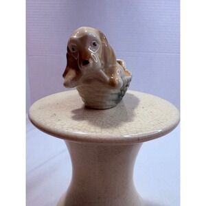 Ceramic Basset Hound Dog Puppy in Basket Figurine Hand Painted Japan Vintage